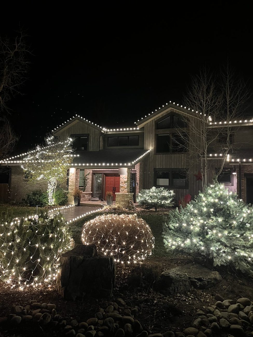 Net lights on front-yard shrubs and evergreens with roofline lights behind