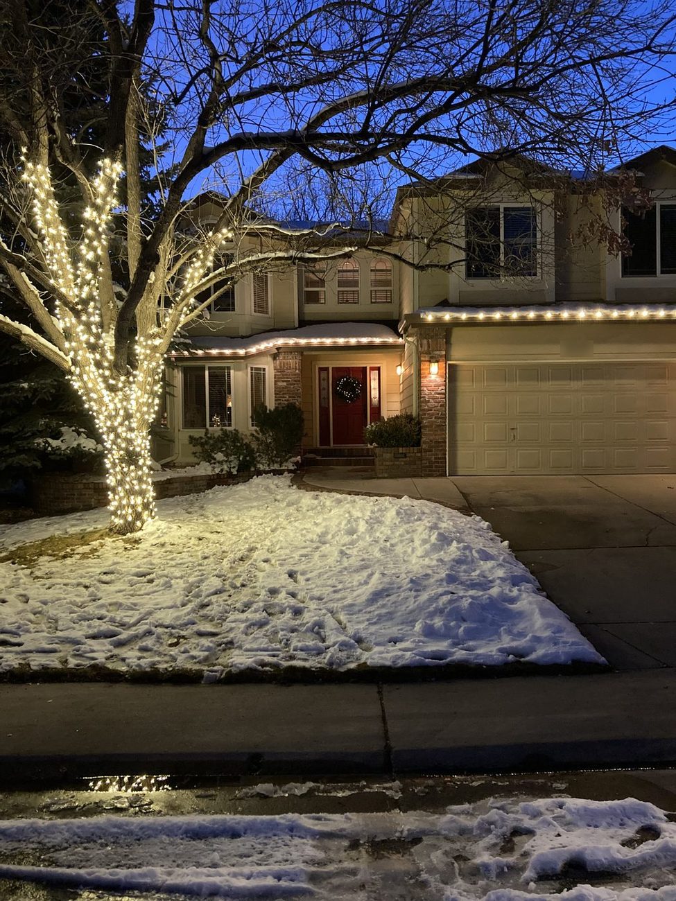 Wrapped tree and roofline lights on a home in Superior, CO, after a snowfall
